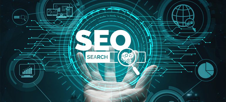 Illustration of a person writing a product review on a laptop with SEO icons
