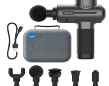 Compact Renpho massage gun with ergonomic design and five head attachments
