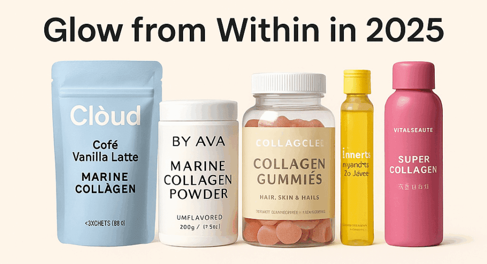 A Korean collagen supplement bottle surrounded by beauty-related items on a soft pastel background