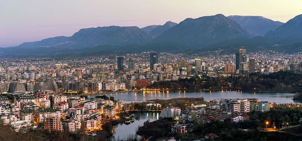 Colorful buildings and Skanderbeg Square in Tirana, Albania