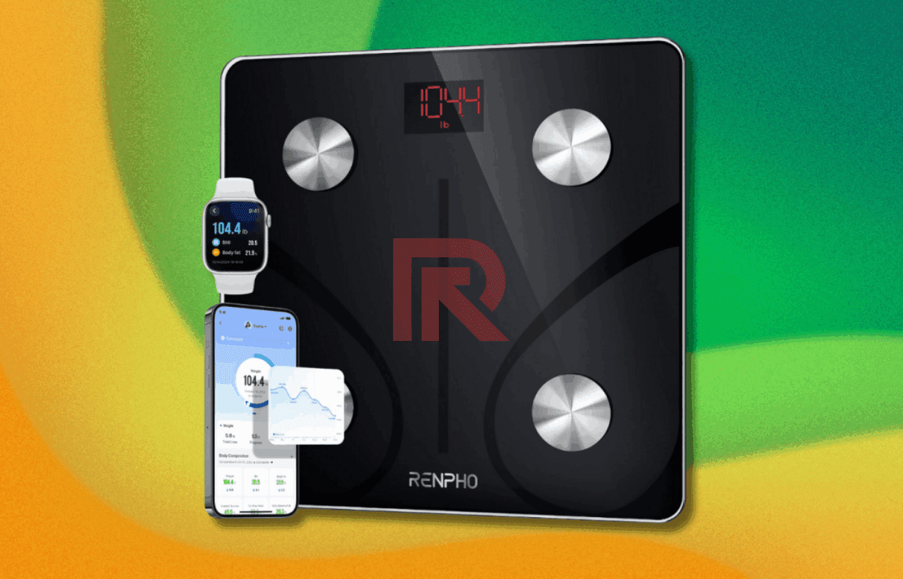 RENPHO Smart Scale displaying health metrics via mobile app RENPHO Smart Scale used on bathroom floor