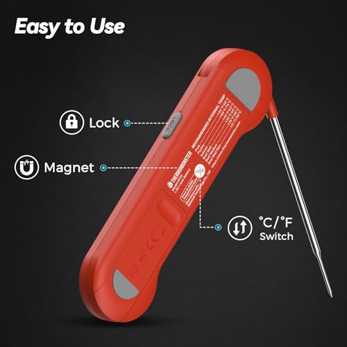 0.5 Sec Instant Read Meat Thermometer Digital with ±0.5℉ Precision, 100% Waterproof Auto Flip Bright LCD Screen, Motion Sensing Food Thermometer for Cooking Kitchen Oven Grill Candy BBQ, Red: Home & Kitchen - Görsel 7