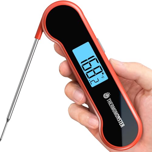 0.5 Sec Instant Read Meat Thermometer Digital with ±0.5℉ Precision, 100% Waterproof Auto Flip Bright LCD Screen, Motion Sensing Food Thermometer for Cooking Kitchen Oven Grill Candy BBQ, Red: Home & Kitchen