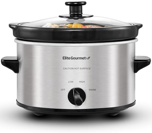 Elite Gourmet MST-275XS Electric Oval Slow Cooker, Adjustable Temp, Entrees, Sauces, Stews & Dips, Dishwasher Safe Glass Lid & Crock (2 Quart, Stainless Steel): Home & Kitchen