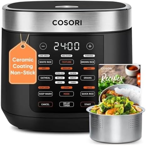 COSORI Rice Cooker 10 Cup, 24h Keep Warm, Non-stick Ceramic Inner Pot, 18 Functions Fuzzy Logic Rice Maker with Stainless Steel Steamer Basket, Sautรฉ, Slow Cooker, Black: Home & Kitchen