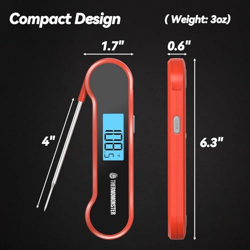 0.5 Sec Instant Read Meat Thermometer Digital with ±0.5℉ Precision, 100% Waterproof Auto Flip Bright LCD Screen, Motion Sensing Food Thermometer for Cooking Kitchen Oven Grill Candy BBQ, Red: Home & Kitchen - Görsel 3