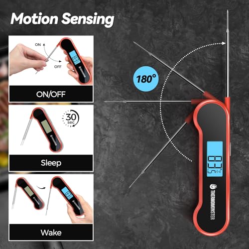 0.5 Sec Instant Read Meat Thermometer Digital with ±0.5℉ Precision, 100% Waterproof Auto Flip Bright LCD Screen, Motion Sensing Food Thermometer for Cooking Kitchen Oven Grill Candy BBQ, Red: Home & Kitchen - Görsel 5