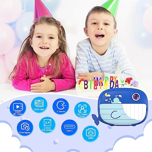 USHINING Kids Camera Instant Print Camera for Boys Girls Selfie Digital Camera for Kids Aged 3-12 Printing Video Camera for Kids 1080P 2.4 Inch Screen with 32GB SD Card,Color Pens,Print Papers(Blue) : Electronics - Görsel 2