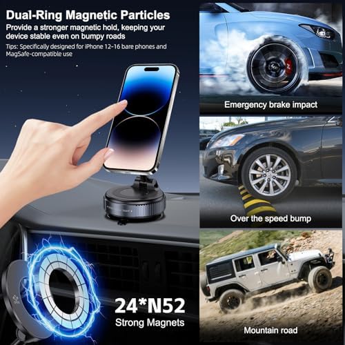 Jikasho Vacuum Magnetic Suction Phone Holder, Foldable and Retractable Hands-Free Suction Cup Phone Mount for Car/Gym/Mirror/Smooth Surface, Compatible with iPhone Android and All Smartphones (Black) : Cell Phones & Accessories - Görsel 4