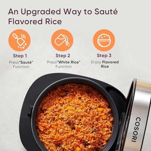 COSORI Rice Cooker 10 Cup, 24h Keep Warm, Non-stick Ceramic Inner Pot, 18 Functions Fuzzy Logic Rice Maker with Stainless Steel Steamer Basket, Sautรฉ, Slow Cooker, Black: Home & Kitchen - Gรถrsel 6