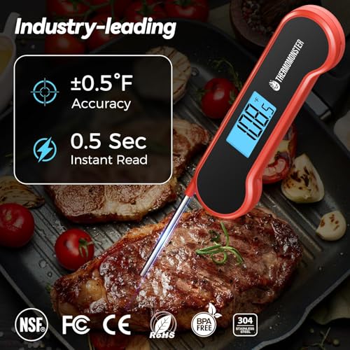 0.5 Sec Instant Read Meat Thermometer Digital with ±0.5℉ Precision, 100% Waterproof Auto Flip Bright LCD Screen, Motion Sensing Food Thermometer for Cooking Kitchen Oven Grill Candy BBQ, Red: Home & Kitchen - Görsel 2
