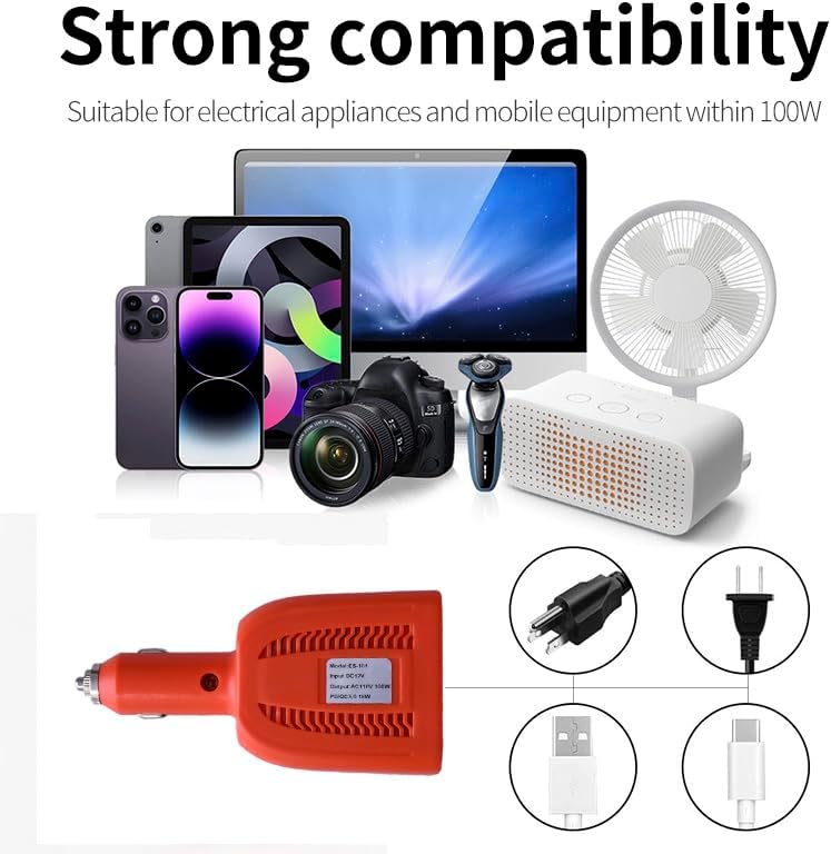 100W Car Power Inverter DC 12V to 110V AC Vehicle Outlet Plug Adapter Converter 5V USB-A Type-C PD3.0 QC3.0 Fast Charging Port Outlet Plug Adapter Included for Laptop Computer : Automotive - Görsel 8